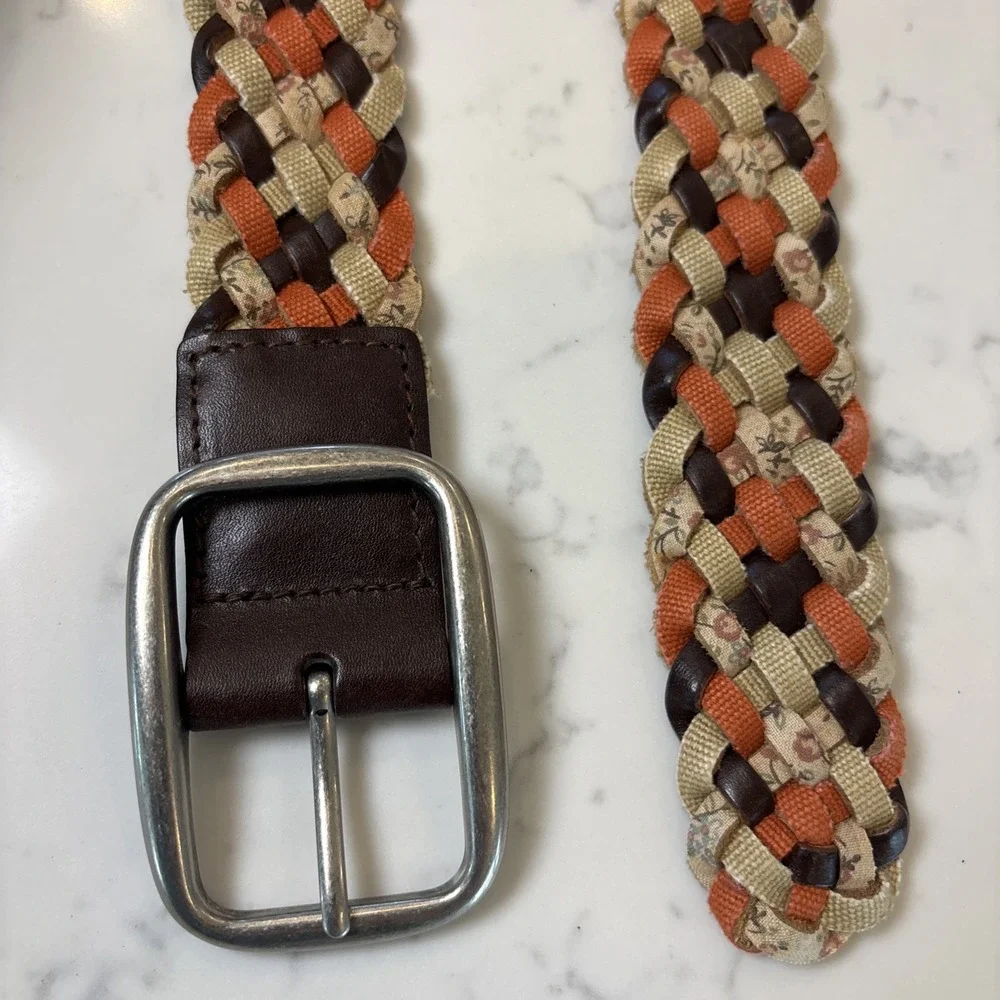 Boho Leather Cotton‎ Braided Belt Earthtone Floral Accent Homestead Women LG 44